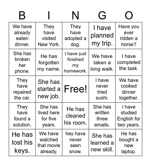 Present Perfect Bingo Game Bingo Card