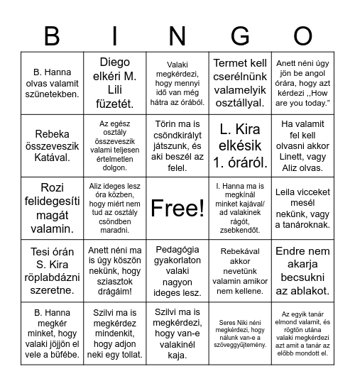 Osztály bingó Bingo Card