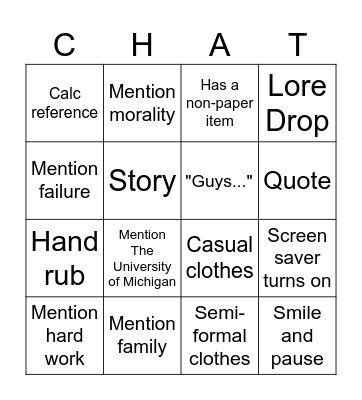 Mr. G Friday Chat Bingo Card