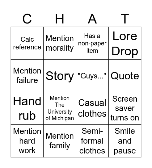 Mr. G Friday Chat Bingo Card