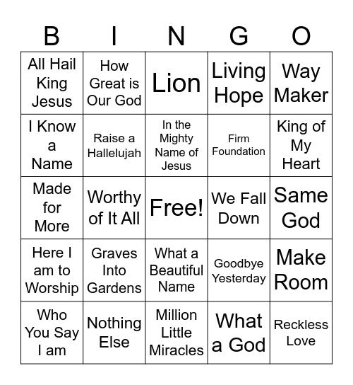 Worship Music Bingo Card
