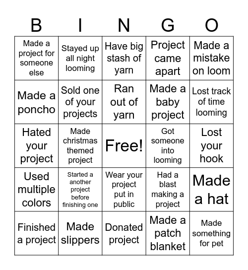 Loom knitting Bingo Card