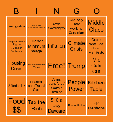 NDP Leaders Debate Bingo Card