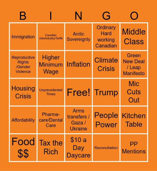 NDP Leaders Debate Bingo Card