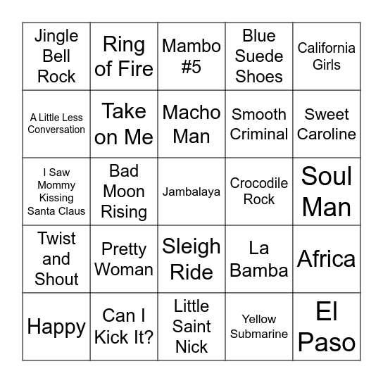 Name That Tune Bingo Card