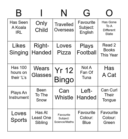 Classmate Bingo Card