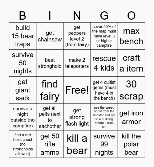99 nights in the forest Bingo Card