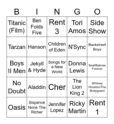 90s 16 BAR Bingo Card