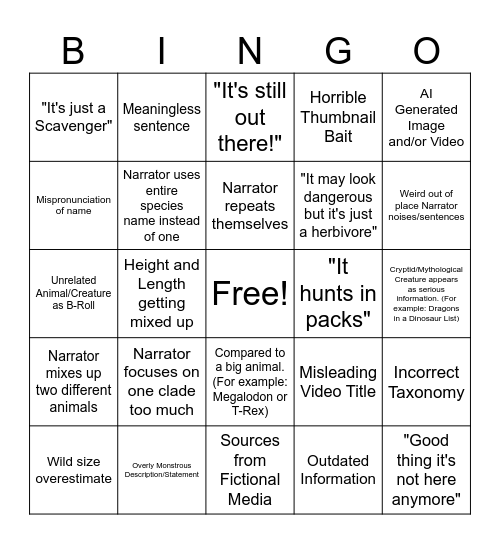 Bad Paleontology Video Bingo Card