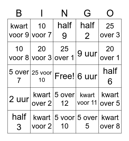 Klok bingo Card
