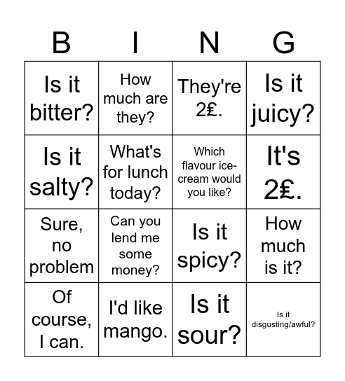 Phrase bank Bingo Card