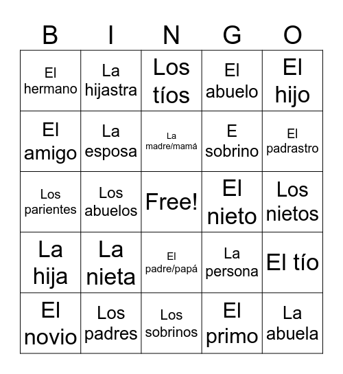 Unidad 3 La familia - Spanish Bingo Card