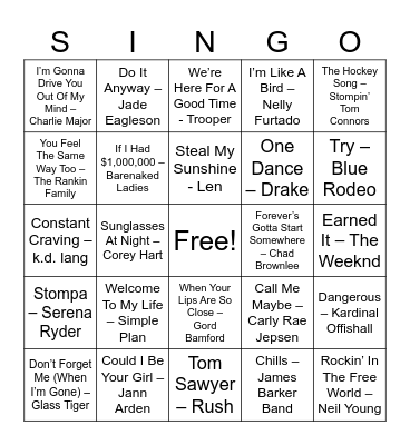 Canadian Artists Bingo Card