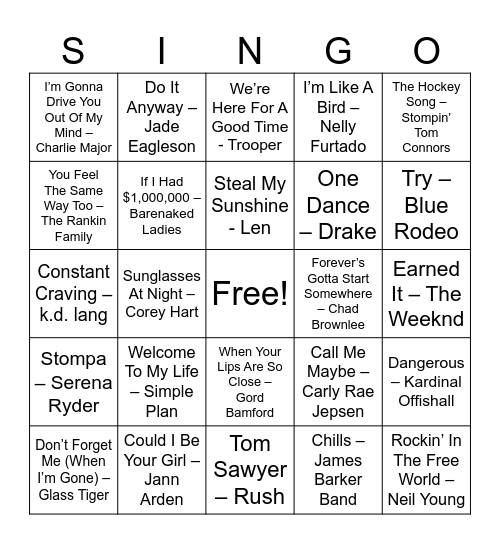 Canadian Artists Bingo Card
