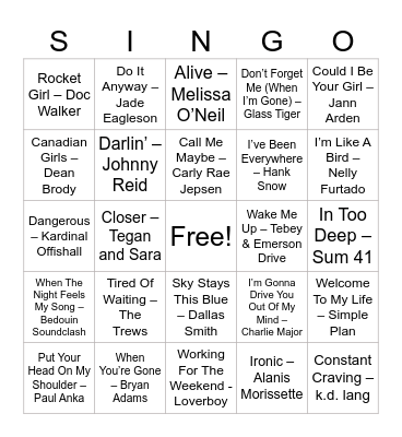 Canadian Artists Bingo Card