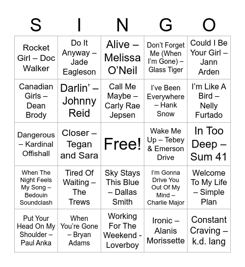 Canadian Artists Bingo Card