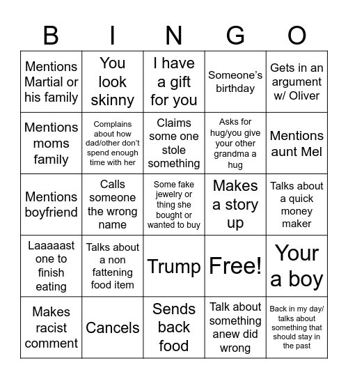 Grandma Bingo Card