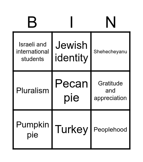 Thanksgiving in Hillel Bingo Card