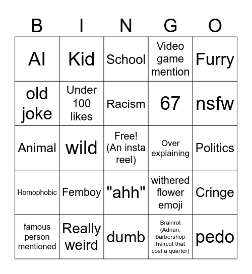 Instagram comments bingo Card