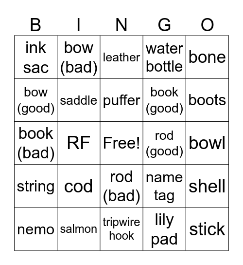 minecraft fishing Bingo Card