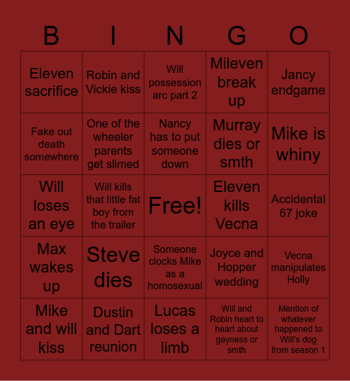 Stranger things 5 bingo Card