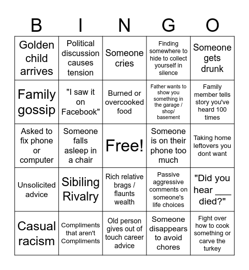 Dysfunctional Family Bingo Card