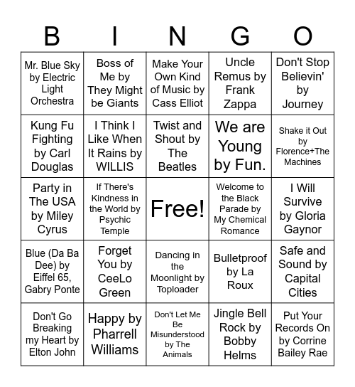Musical Bingo Card
