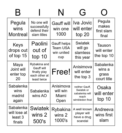 WTA Bingo Card Bingo Card