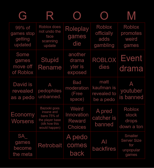 Roblox 2026 Bingo Card