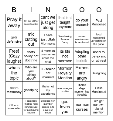 Mormon Live Bingo Card