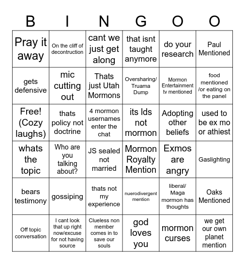 Mormon Live Bingo Card