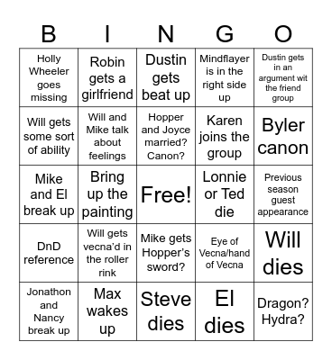 Stranger Things season 5 Bingo Card