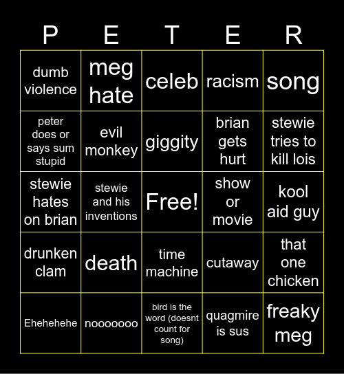 family guy bingo Card