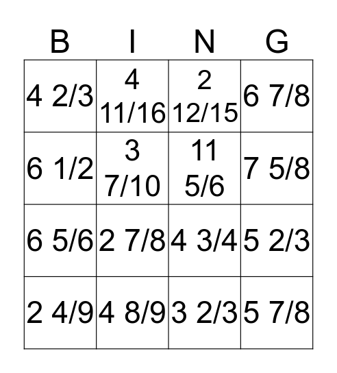 Mixed number BINGO Card