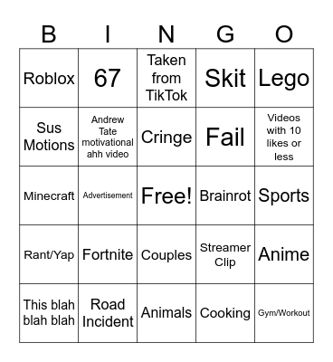 Youtube Shorts Bingo Card