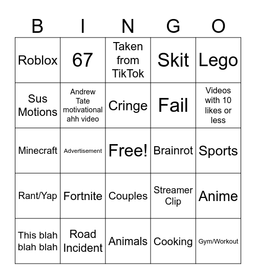 Youtube Shorts Bingo Card