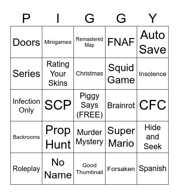 Piggy Build Mode Bingo Card