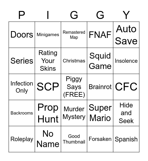 Piggy Build Mode Bingo Card