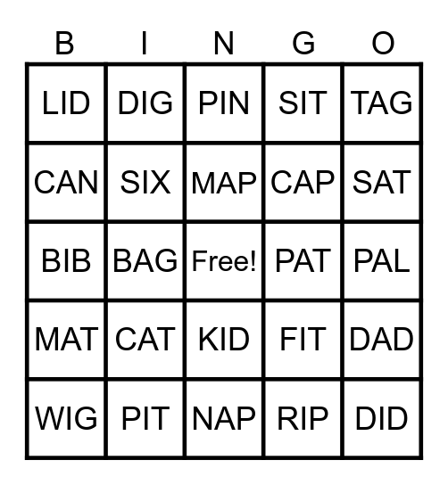 SHORT A AND I Bingo Card