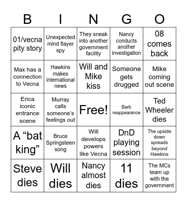 Stranger Things Bingo Card