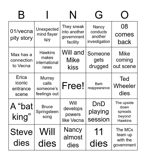 Stranger Things Bingo Card