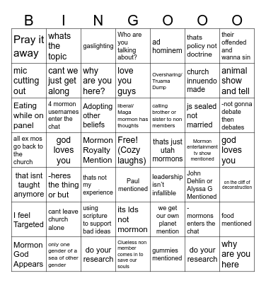 Mormon Live Binggo Bingo Card