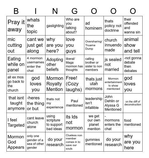 Mormon Live Binggo Bingo Card