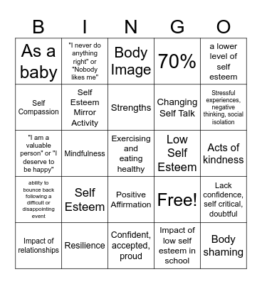 Self Esteem Bingo Card