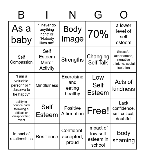 Self Esteem Bingo Card
