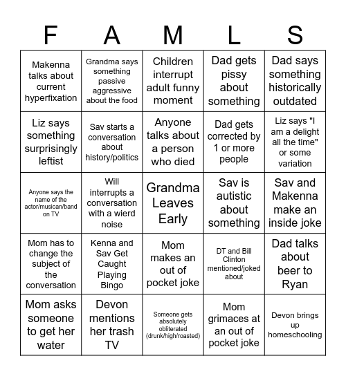 Thanksgiving Family Bingo Card