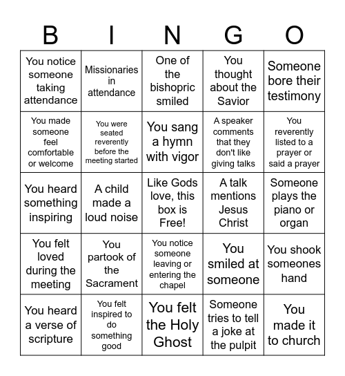 Sacrament Meeting Bingo Card