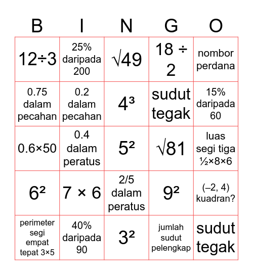 MATH BINGO Card