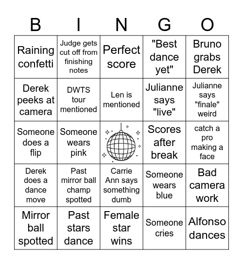 Dancing With the Stars Finale Bingo Card