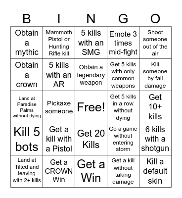 Fortnite Reload 5 Matches Bingo Card